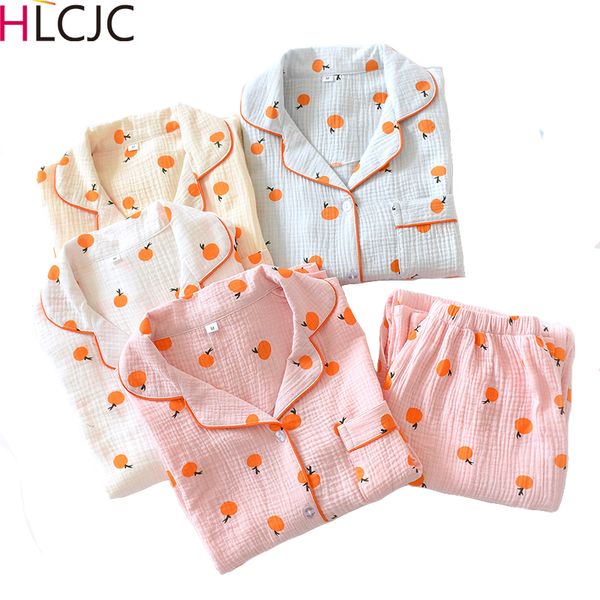 

2020 new pyjamas women orange print cartoon pajamas 100% crepe cotton female cute night suit long sleeve sleepwear big size y200708, Black;red