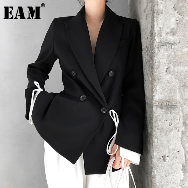 

[eam] women black cuff bandage temperament blazer new lapel long sleeve loose fit jacket fashion tide spring autumn 1t476 201114, White;black