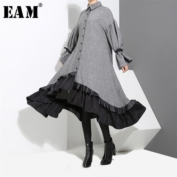 

[eam] 2020 new spring lapel long sleeve bandage solid color gray big hem irregular loose dress women fashion tide lj201209, White;black