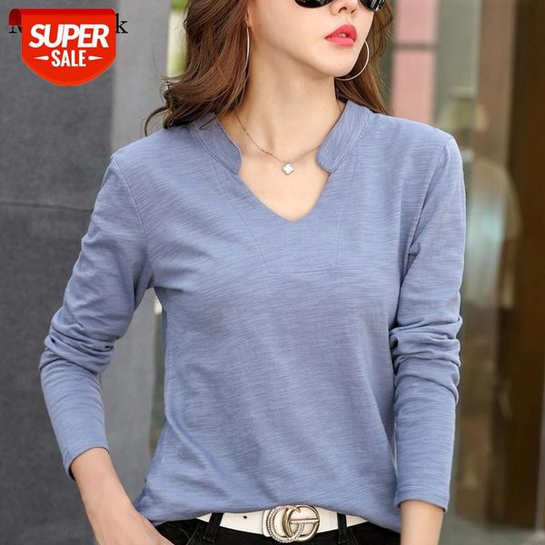 

2021 casual women's t-shirt femme plus size loose woman t-shirts v-neck cotton white tee long sleeve t shirt female 13172 #aj5u