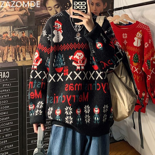

hip hop streetwear mens knitted sweater harajuku ugly christmas elk snowman sweater oversize loose pullover men clothing c1222, Black