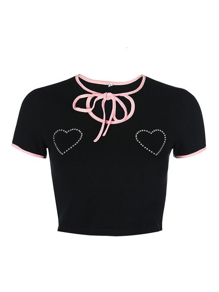 

2021 new all match sweetheart flash diamond short pink t-shirt edge slash-neck tight tether elastic cotton tshirts ikcn, White