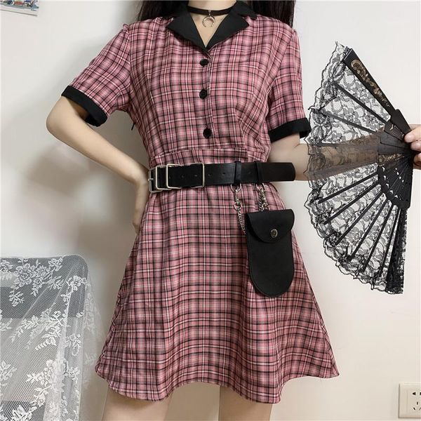 

chinese style summer new cheongsam dresses harajuku vintage plaid short sleeve dresses strap leather belt preppy style dress1, Black;gray