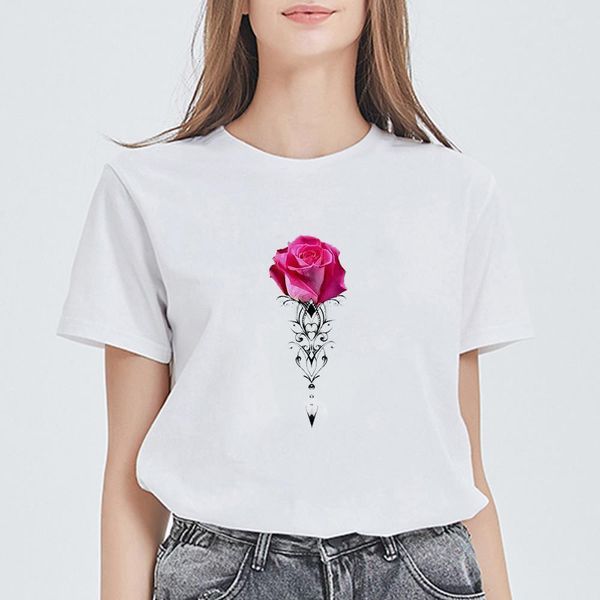 

rose tattoos print t-shirt female retro beautiful cool leisure new t shirt women casual trendy vogue pop kawaii ropa mujer, White