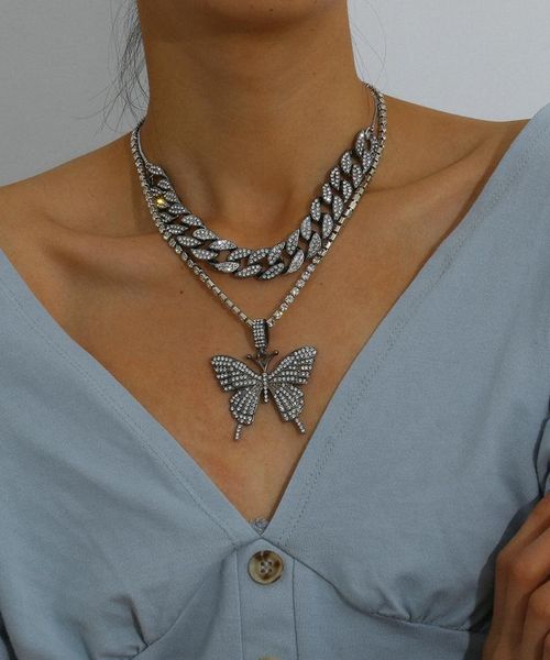 

hc exaggerated chunky miami cuban choker necklace big butterfly pendant women jewelry bling crystal iced out punk necklace 2021, Silver