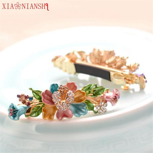 

gold color rhinestone barrettes hair jewelry enamel multicolor camellia flowers hair clips bride accessories, Golden;silver
