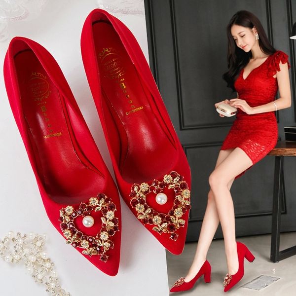 

red wedding shoes women high heels dress shoes pearl pumps rhinestone bridal chunky heels ladies zapatos mujer n7721 #jy1e, Black