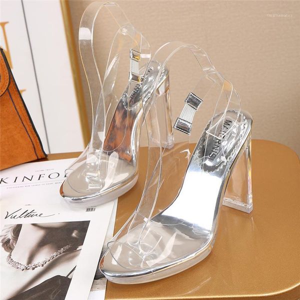 

2021 plus size 41 women 11cm high heels transparent sandals chunky fetish block clear crystal heels lady summer party prom shoes1, Black
