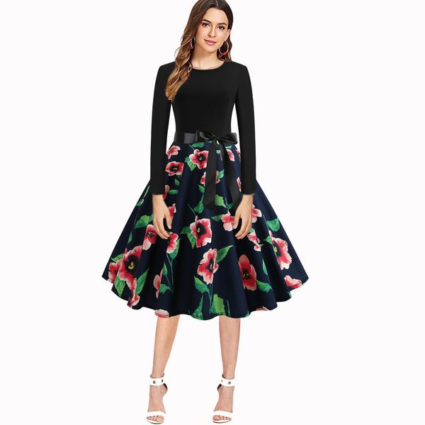 

spring women's hepburn 50s large swing skirt print long sleeve dress with ribbon, Black;gray