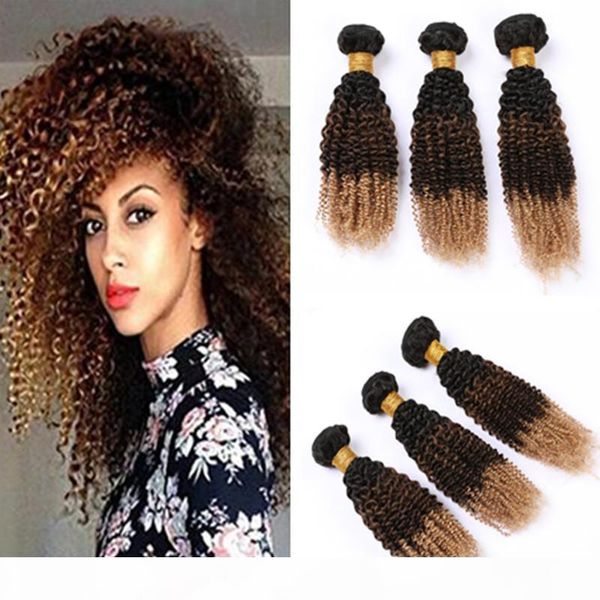 

#1b 4 27 ombre human hair bundles kinky curly virgin hair weave extensions honey blonde ombre brazilian human hair wefts three tone, Black;brown