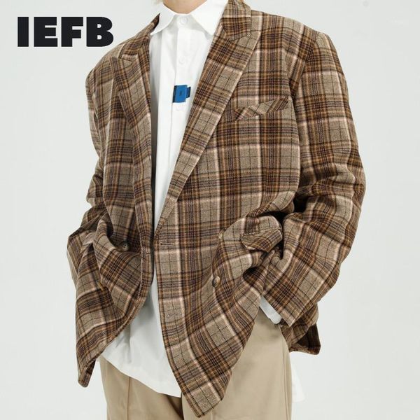 

iefb autumn winter woolen suit coat for men vintage plaid clothes korean fashion double breasted loose big size blazers 9y45911, White;black