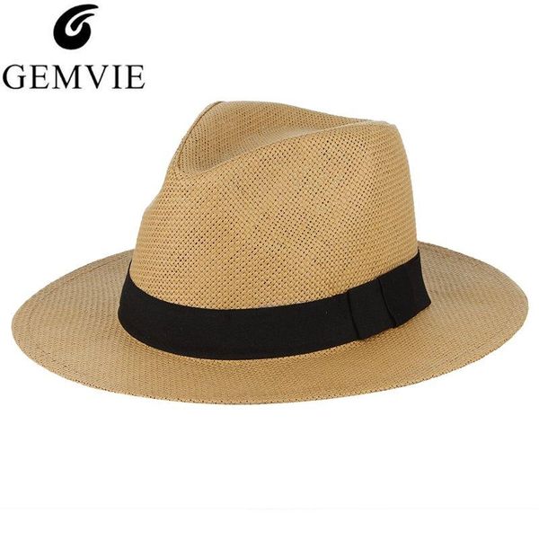 Stingy Brim Chapéus Gemvie Na moda Verão Panamá Chapéu Clássico Jazz Cap Palha Para Homens e Mulheres Tecido Fedoras Beach Sun Unisex