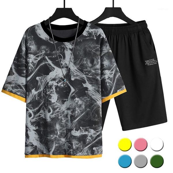 

male sportswear tracksuit summer sportsuit men casual set fashion 2 pcs sweat suit striped short sleeve t-shirt shorts sets1, Gray