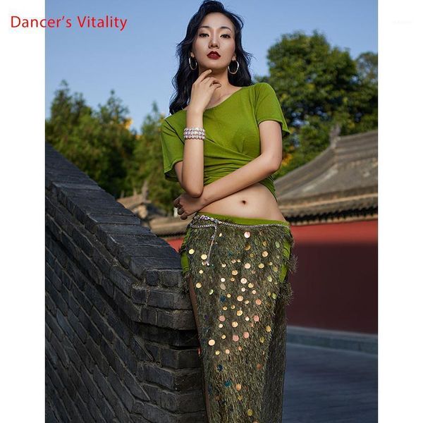 

new arrival shine korea mesh fabric loose women team dance practice wear oriental dance show clothes sequin long skirt s m l1, Black;red