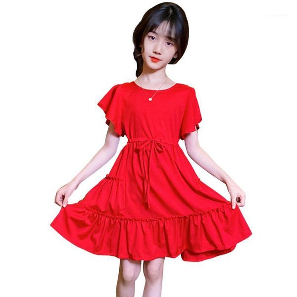 

girl's dresses summer dress girl solid color girls party casaul ruffles child teenage children's clothing 6 8 10 12 141, Red;yellow