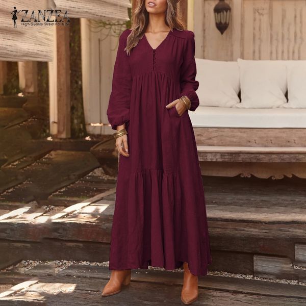 

2020 zanzea women long maxi dress casual long sleeve pleated dress pockets buttons v neck party vestidos cotton bohemian dresses y0118, Black;gray