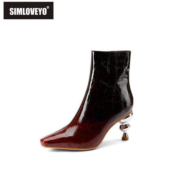 

boots simloveyo women genuine cowboy lether ankle square toe strange style heels mixed color zipper big size 31-45 casual autumn, Black