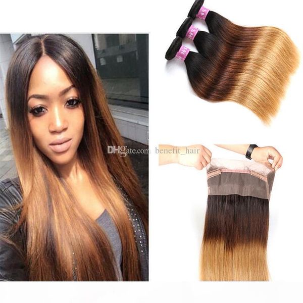 

ombre #1b 4 27 honey blonde straight virgin human hair bundles with pre plucked 360 full lace band frontal 4pcs lot, Black;brown