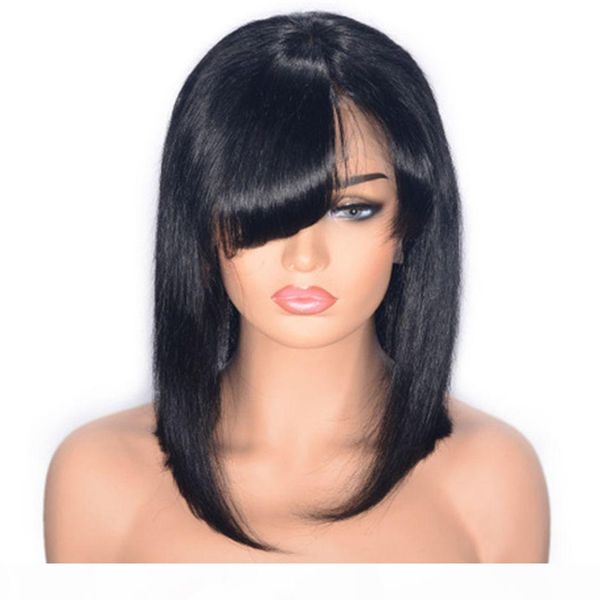 

brazilian straight hair lace front wigs with bang 10 inch pre plucked human hair wigs swiss lace, Black;brown