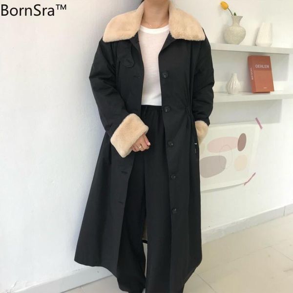 

bornsra new winter warm coat women long parkas vintage elegant lapel faux fur stitching loose parkas female overcoat1, Black