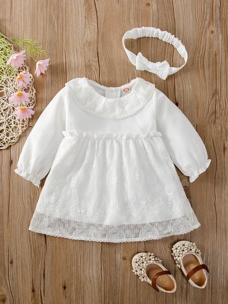 

baby contrast lace textured flounce sleeve dress with headband she, Red;yellow