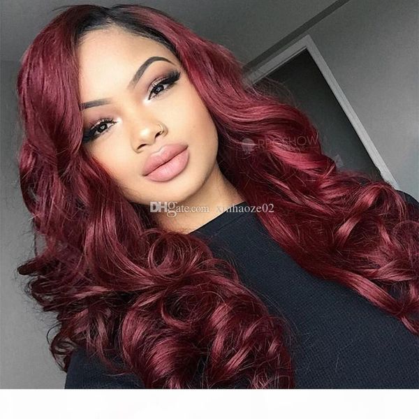 

two tone ombre burgundy полный шнурок человеческих волос парики t1b 99j сыпучая волнистая перуанский волос девственницы бордового 150% плотн, Black;brown
