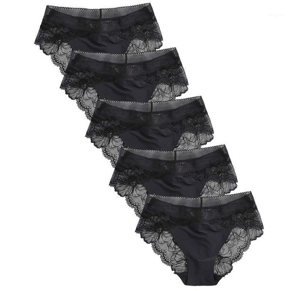

5pcs casual underwear daily seamless attractive solid women briefs knickers see through bikini ladies soft mide rise lace1, Black;pink