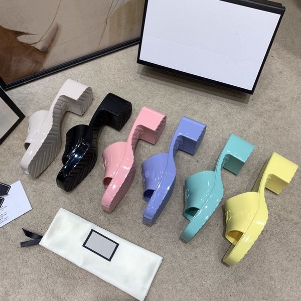 

beach slippers summer designer women shoes coarser heel flops 100% patent leather lady half slipper metal luxury high heeled sandals, Black