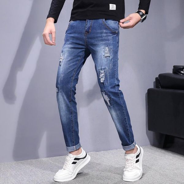 

117-1214 the new elastic jeans with torn patch and men's 2020 korean edition slim and fit beggars men's cross-border jeans, Blue