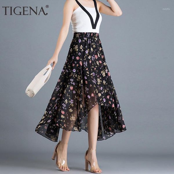 

tigena irregular long maxi summer skirt women fashion 2019 holiday floral print boho beach skirt female chiffon sun ladies1, Black