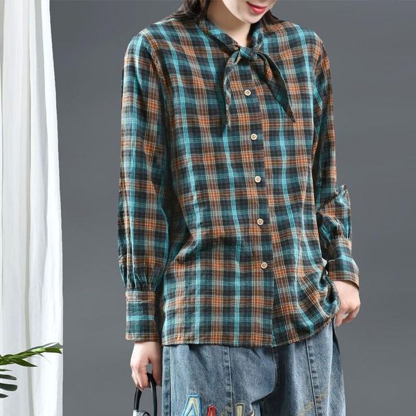 

women's blouses & shirts spring autumn arts style women long sleeve plaid all-matched casual loose cotton linen blouse femme blusa m441, White