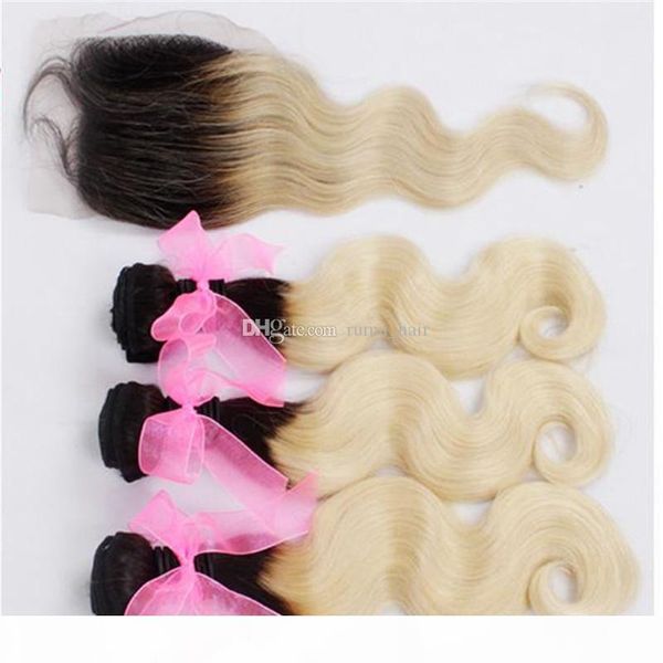 

ombre blonde hair with lace closure dark root blonde hair extension with lace closure two tone ombre bleached blonde body wave hair, Black;brown