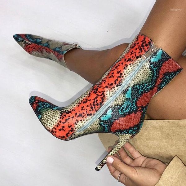 

shengy women 11.5cm high heels boots pointed toe boots serpentine zip ankle prom colorful snake print stripper shoes1, Black