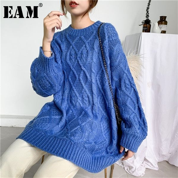 

[eam] blue big size knitting sweater loose fit round neck long sleeve women pullovers new fashion tide autumn winter 1y172 201221, White;black
