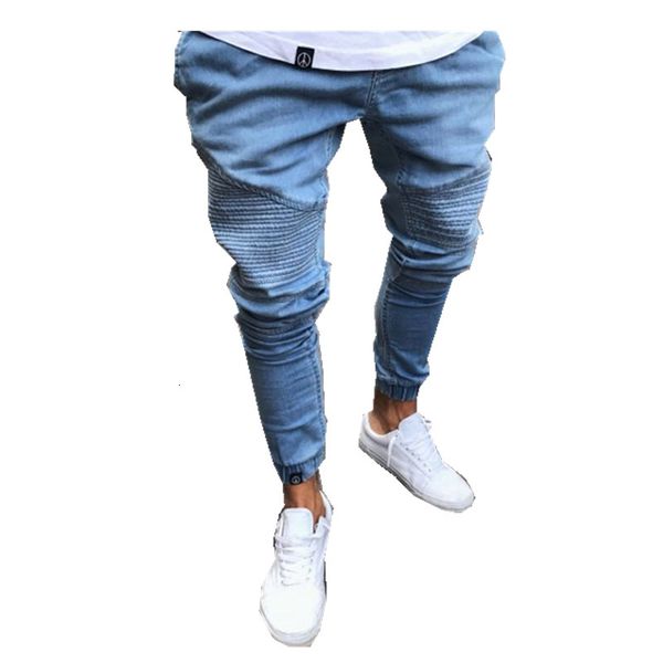 

casual men's jeans summer light blue autumn pleated comfortable slim legged pants