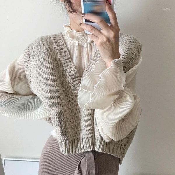 

spring autumn women korean chic vest loose short v-neck knitted vest beige women clothing one size1, Black;white