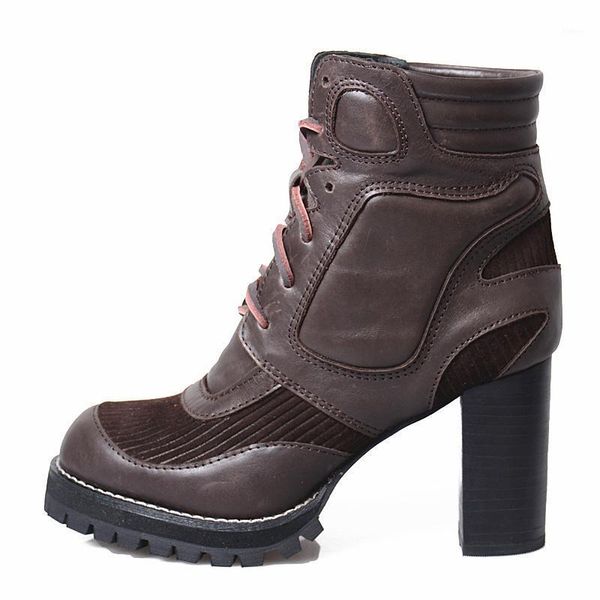 

retro womens platform block heels boots round toe lace up genuine cow leather high heels ankle shoes femme runway winter booties1, Black