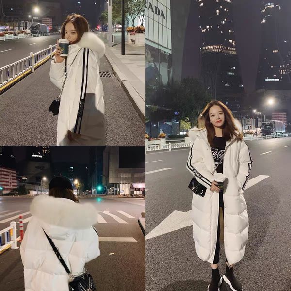 

mrs. qian's same long style over the knee thickened winter 2020 new down jacket women's big hair collar casual coat, Black