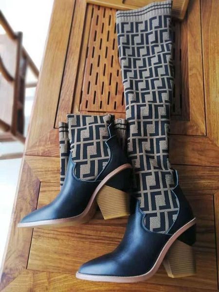 

winter knitted elastic boots letter thick heels woman shoes high heel boots fashion socks long boots lady high heels 35-41 fd280 01, Black