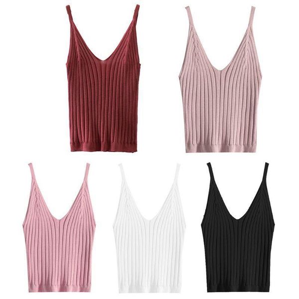 

women sleeveless crop tank ribbed spaghetti strap camisole deep v neck solid basic elastic slim sling vest, White