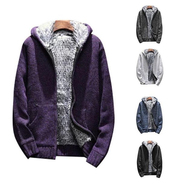 

men fashion warm sweatshirts plus velvet thicken male fashion knitting hoodie sweatershirt fleece pockets coat streetwear, Black