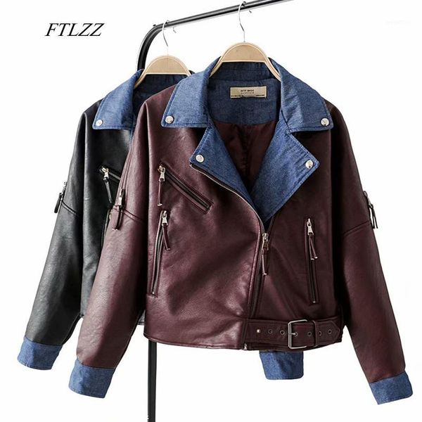 

ftlzz autumn faux soft leather women loose jacket turndown collar faux pu motorcycle denim leather zipper rivet punk overcoat1, Black