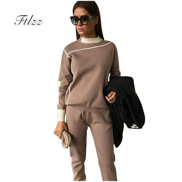 

woman tracksuits autumn fashion turtleneck sweater + slim pants knitted suits ladies stripe two piece twinset 2 pcs set y201128, White