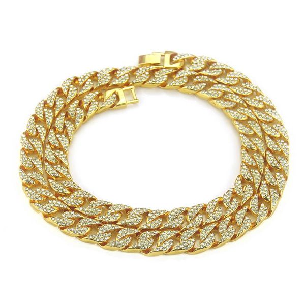 

15mm miami prong cuban link gold silver color necklaces 2 row iced out rhinestones bracelet set for mens ms hip hop chains