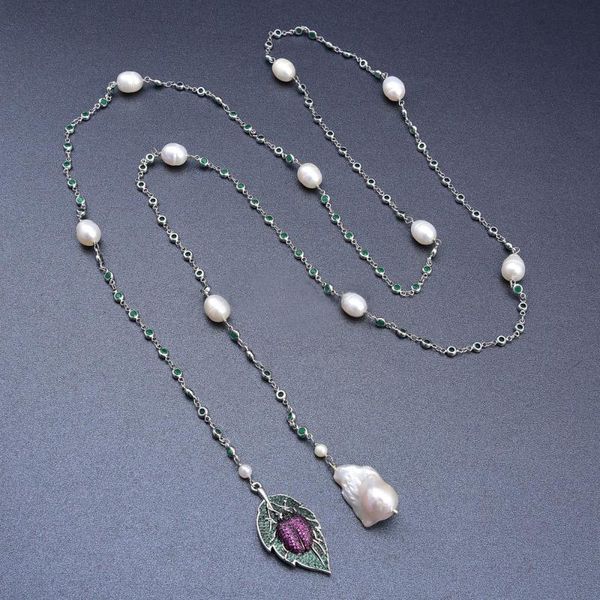 

chains 52'' freshwater white keshi pearl cz pave insect chain necklace, Silver