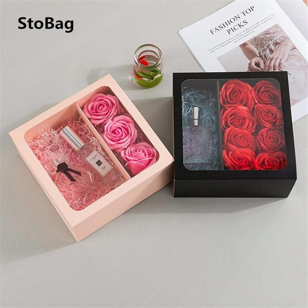 

stobag 5pcs valentines day protable pink/black gift flower packing box baby birthday surprise with transparent window favor1