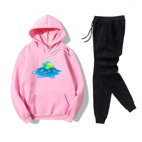 

cartoon global printed two pice set for women sweatshirt and sweatpant oversize casual fitness joggers running set1, Gray
