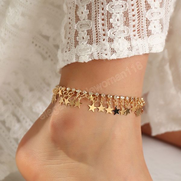 

bohemia crystal chain anklet for women star tassel pendant foot bracelet ankle on leg strap summer beach jewelry, Red;blue