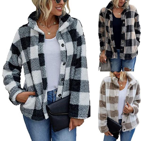 

women's jackets cardigan pocket long sleeve plaid stand collar sweater plush coat fashion printed vintage outwear chaqueta 2021, Black;brown