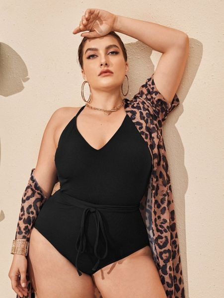 

plus rib lace up one piece swimsuit 22qn#, Black